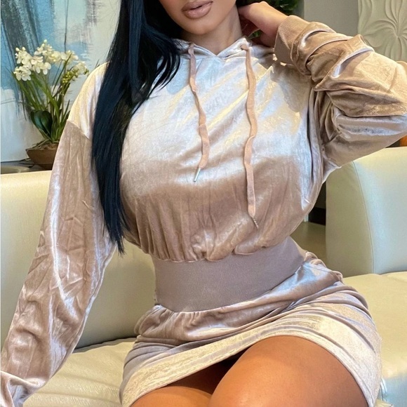 NWT Fashion Nova Erin Velvet Sweatshirt Hoodie Dress in Taupe - Picture 5 of 9
